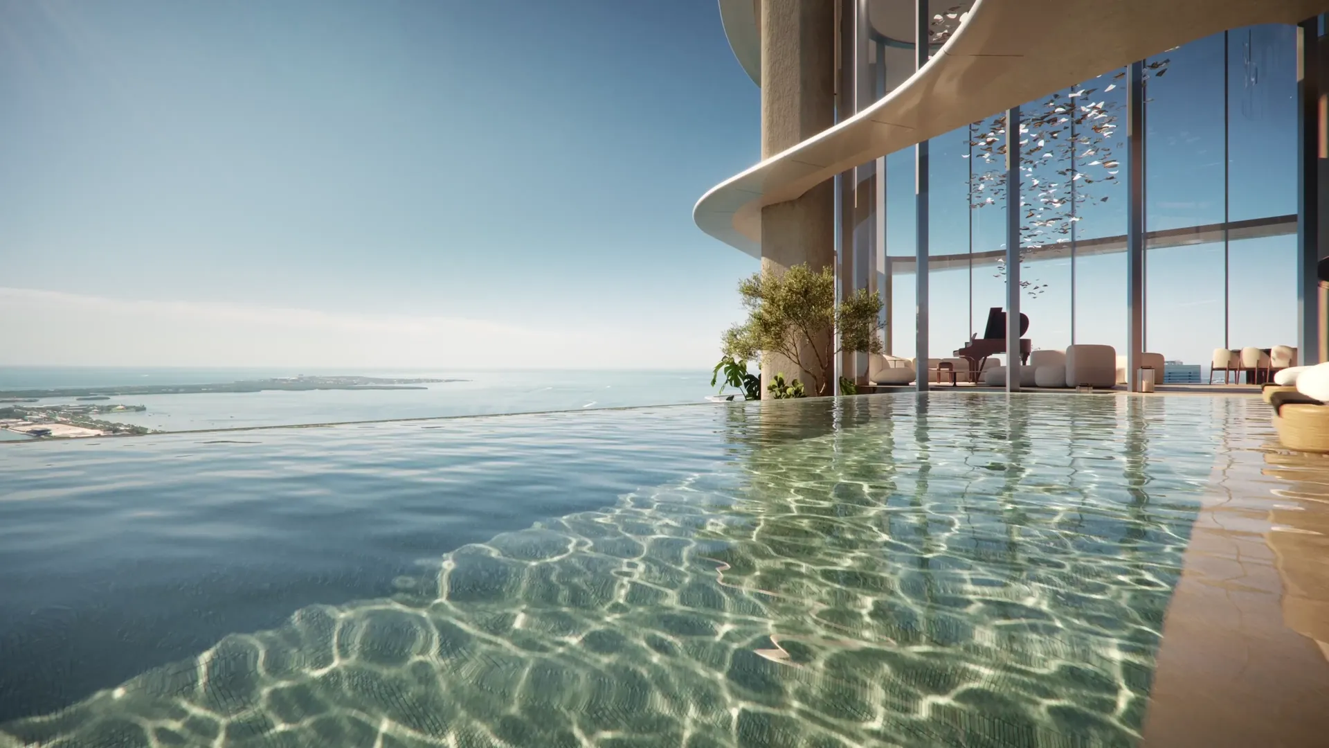 The infinity pool at The Residences at Mandarin Oriental, Miami, looking across Biscayne Bay