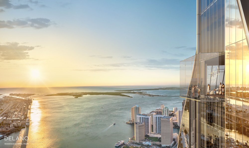 Delano Residences and Hotel Miami, artist conceptual rendering of the observation deck above Biscayne Bay at sunset