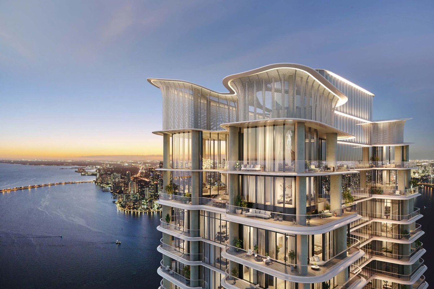 The Residences at Mandarin Oriental, Brickell Key, rendering of the upper terraces above Biscayne Bay at dusk