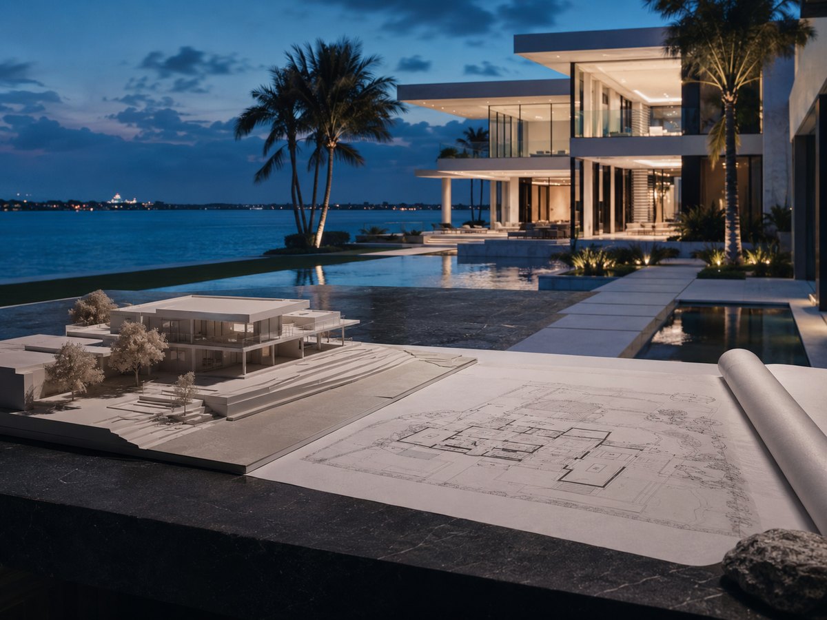 Architectural model and floor plans on a stone counter at dusk, with the completed waterfront residence and Biscayne Bay beyond