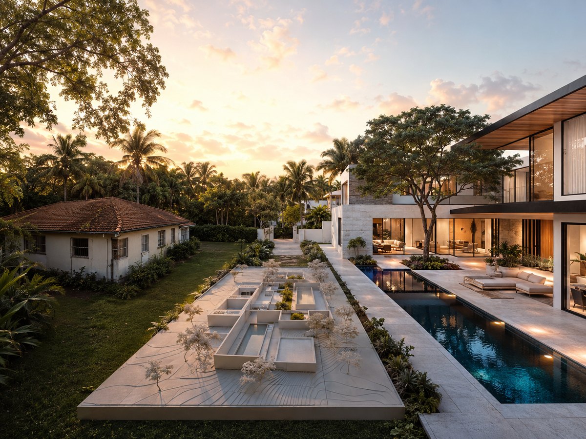 An architectural site model on the terrace of a completed Miami residence, beside the original house on the same lot at sunset