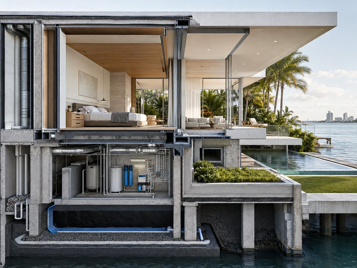 Cutaway view of a waterfront residence showing the structure, ductwork, water treatment and mechanical systems beneath the finished rooms