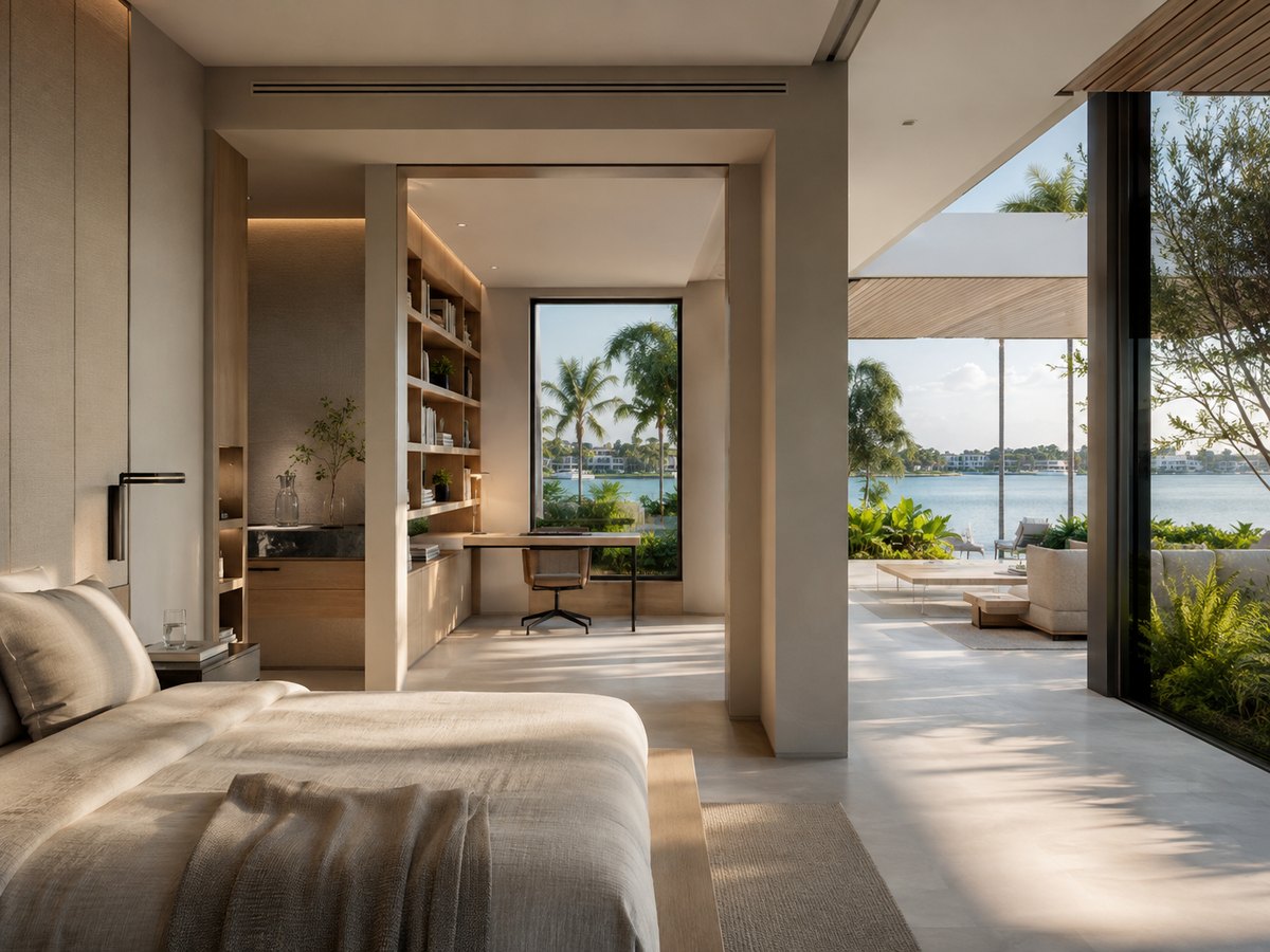 A daylit bedroom and study in a Miami residence opening to the water, with natural materials, planting and cross ventilation